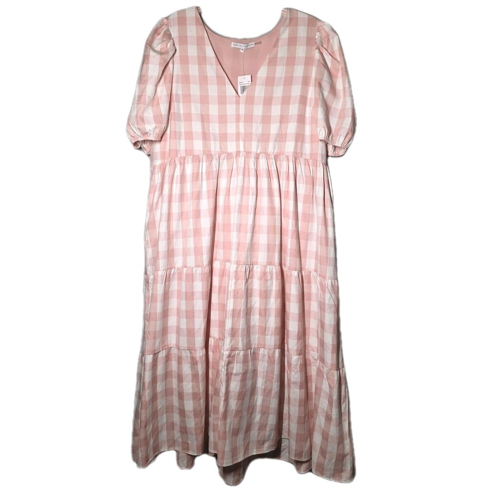 English Factory Dress Womens 2X Pink Gingham Puff Sleeve Tiered Maxi Pockets
